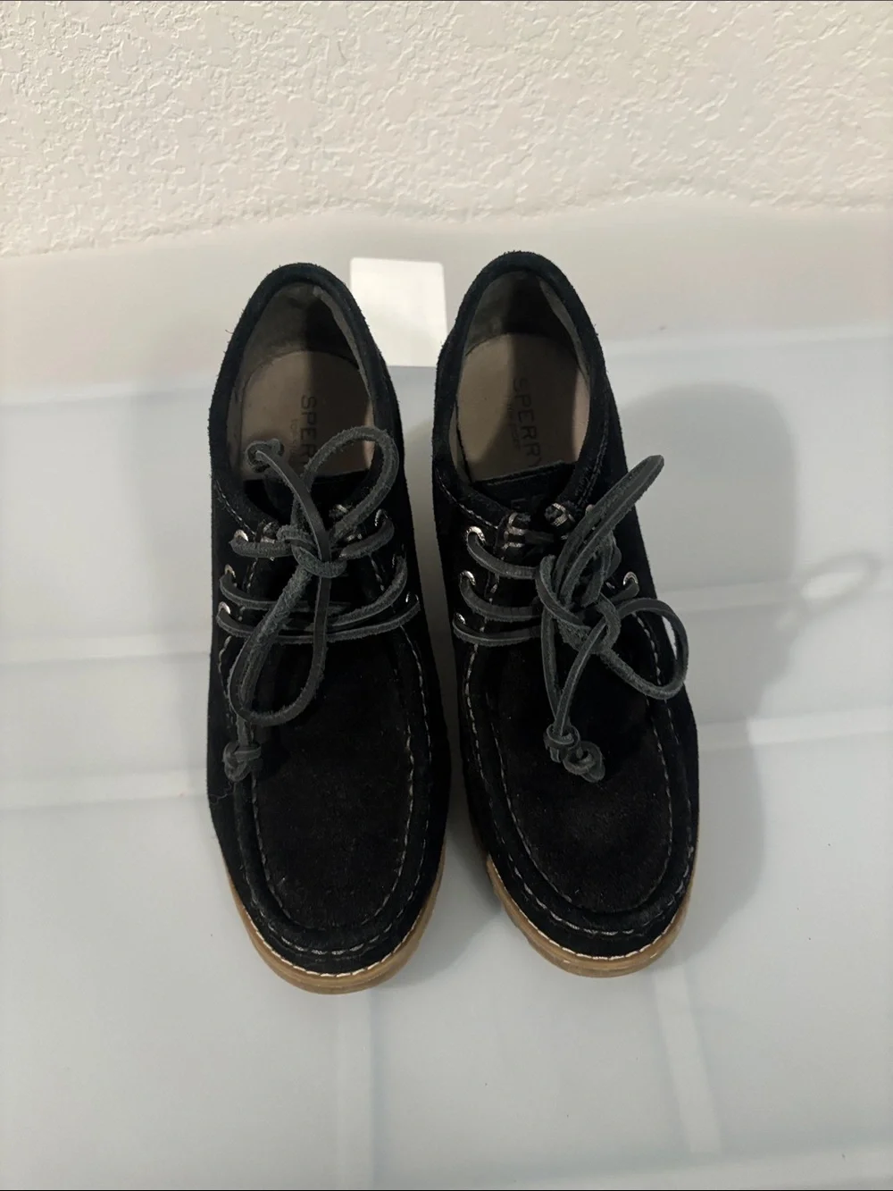 Sperry Black Stella Keel wedge booties SZ 8.5M suede uppers & tan wedge heel